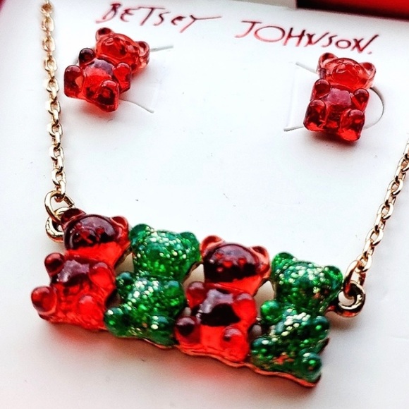 New Betsey Johnson Festive Gummy Bear Necklace & Stud Earrings Set - Picture 12 of 13